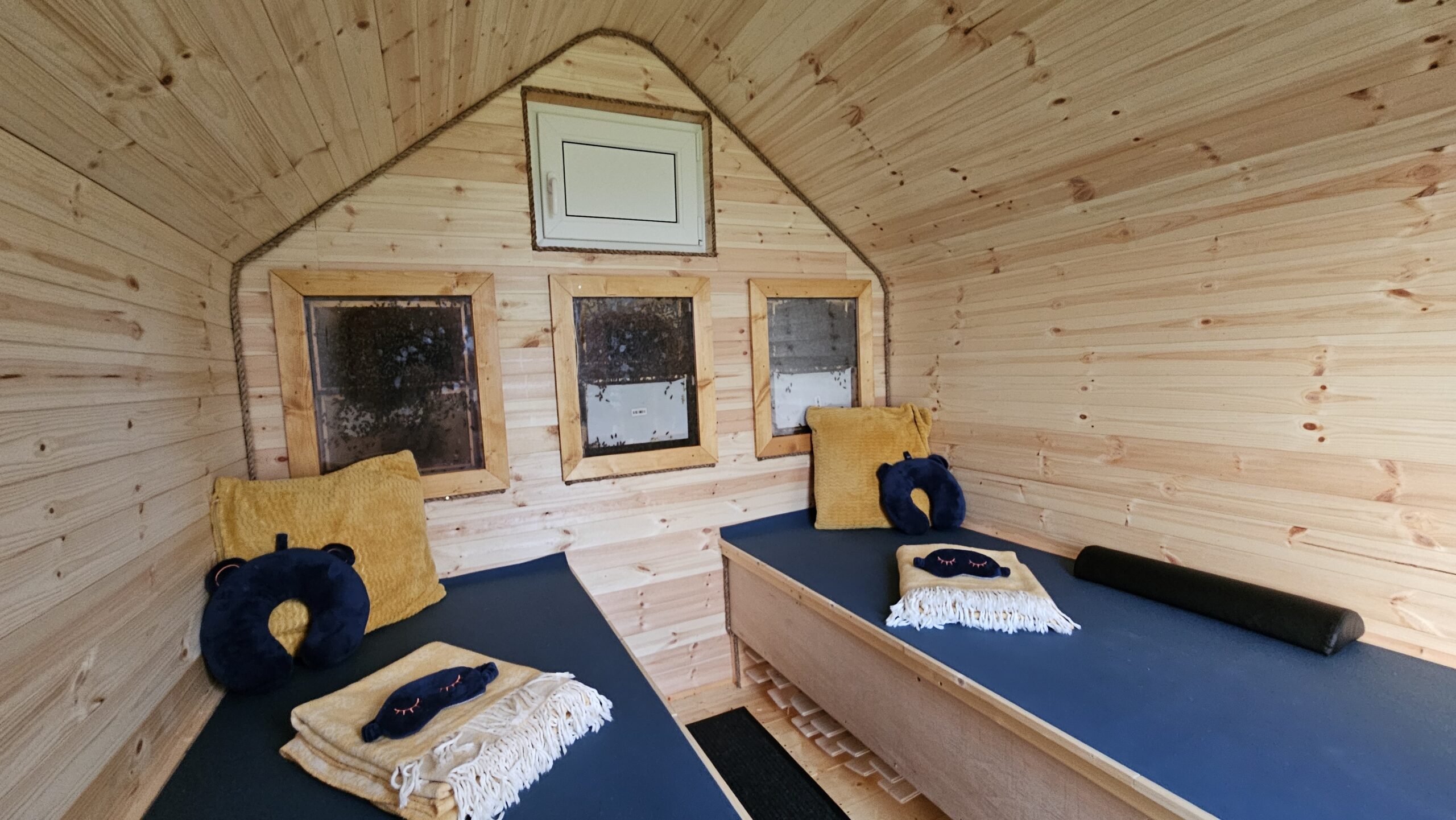 Inside the bee bed cabin