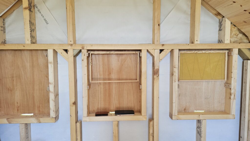 Detailed Bee Bed plans showing the construction of a Bee Bed cabin.