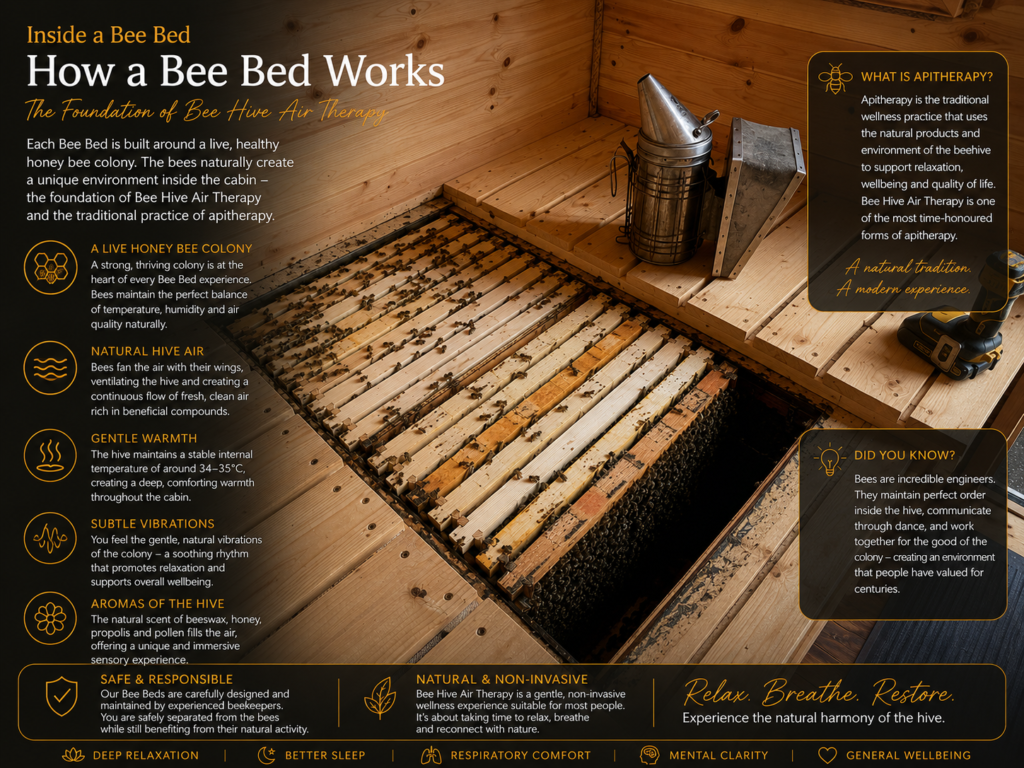 Open Bee Bed cabin showing the hive frames beneath the bed and the construction used for Bee Hive Air Therapy and Apitherapy experiences.