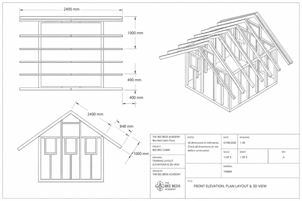 Bee Bed plans and blueprints showing the timber frame design of a Bee Bed cabin.