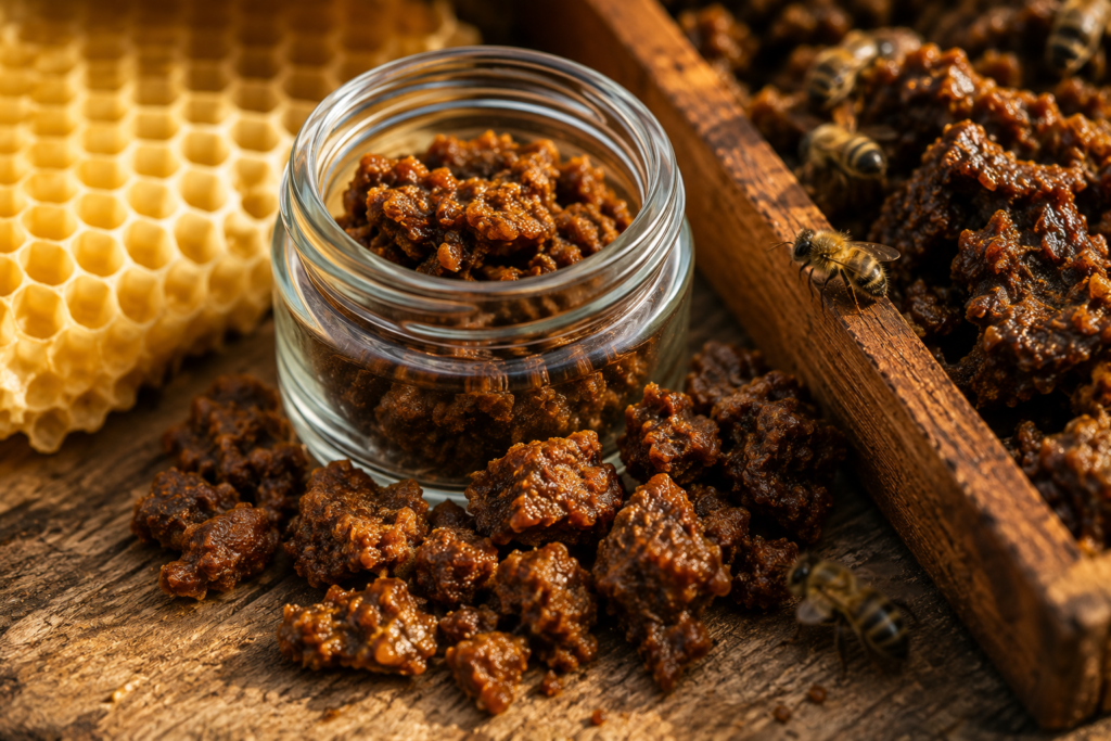 Raw bee propolis collected from honey bees before being processed into propolis tincture.